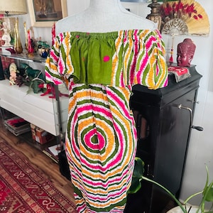 Vintage Boho Batik Dress - On or off shoulder style - Size L