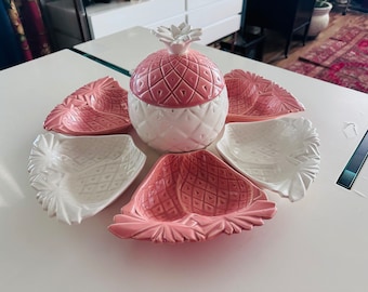 Vintage Pink and White Ceramic Pineapple Serving Trays - Lazy Susan - California Pottery