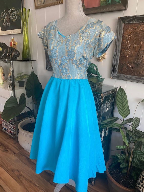 Vintage 60's Cocktail Party Dress  in Turquoise -… - image 1