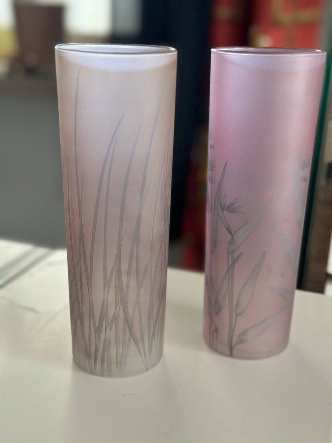 Set of 2 Frosted Iridescent Glass Tumblers With Bamboo and Glass Etsy