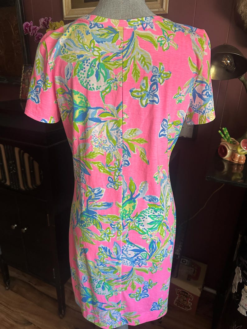 Pode incluir: Vestido rosa de manga curta com um vibrante padr&atilde;o floral em tons de azul, verde e branco. O vestido tem decote em V e uma silhueta reta. O tecido parece ser um tecido de malha leve, adequado para climas quentes.