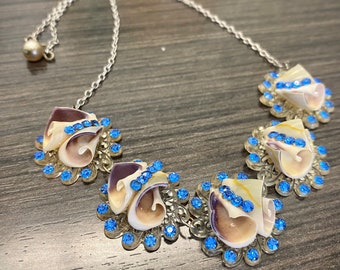 Pretty Vintage 40's Era Celluloid Shells and Rhinestone Necklace