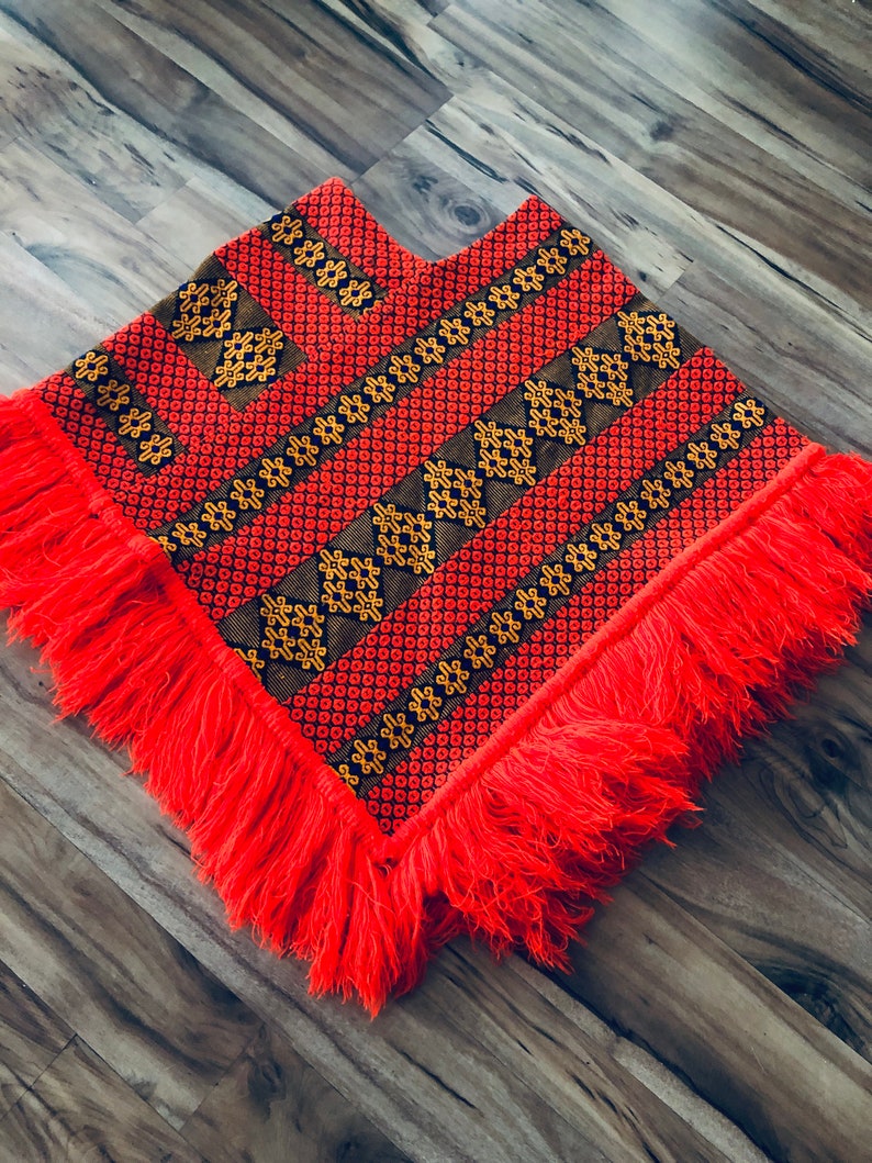 FREE Shipping Size M Vintage 70/'s Boho Acrylic Poncho Orange