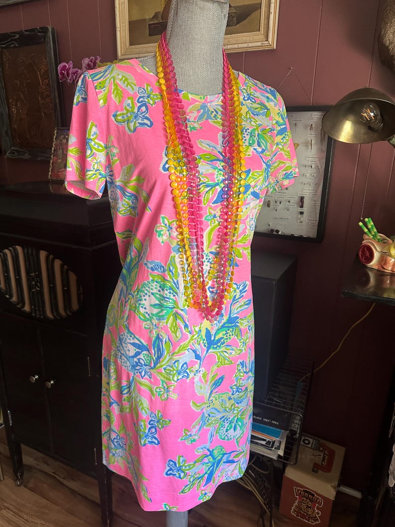 Pode incluir: Um vestido rosa de manga curta com um padr&atilde;o floral em azul, verde e branco. Um colar de contas multicolorido pende em volta do pesco&ccedil;o do manequim. O vestido &eacute; exibido em um manequim.