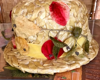 Adorable Vintage Yellow Straw Hat adorned with velvet fruit -- Tiki