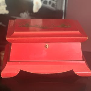 Vintage Red Asian Jewelry Box - Hand-Painted with Mirror & Fabric Lining | 1970s Decor