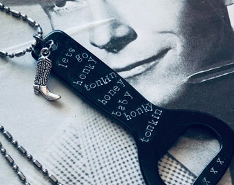 Custom Metal Stamped Hank Williams Senior Bottle Opener Necklace -- Unique Gifts -- Free Shipping