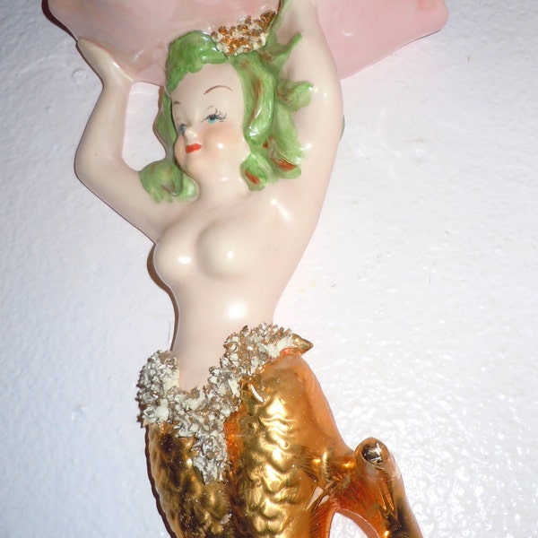 SALE Vintage 1950s RARE Mermaid Holding Shell Wall Pocket Soap Dish -- BEAUTIFUL