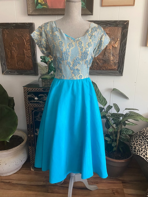 Vintage 60's Cocktail Party Dress  in Turquoise -… - image 2