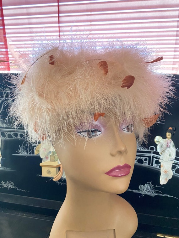 Vintage Baby Pink Marabou Feather Hat with brown … - image 1