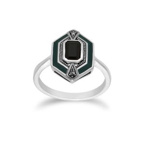 May include: A silver ring with a geometric design. The ring features a dark green enamel setting with a black rectangular stone in the center. Small, dark accents are placed around the stone.