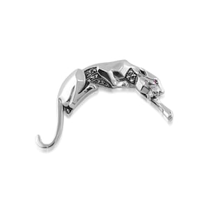 May include: A silver panther brooch with black and clear rhinestones and a pink gemstone for the eye.
