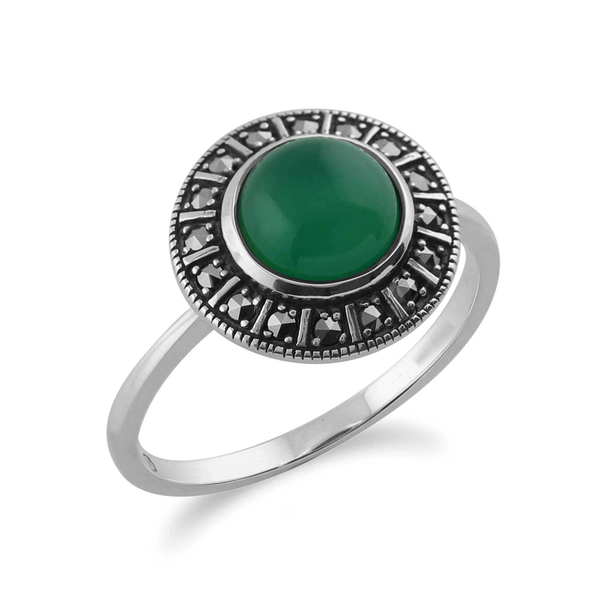 925 Sterling Silver Art Nouveau Ring - Green Jade Cabochon & Natural Marcasite Statement Ring For Women