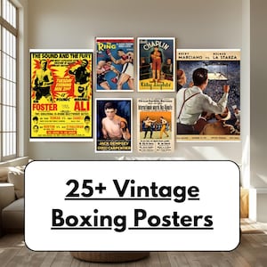 Puede incluir: Una colección de carteles de boxeo vintage, con luchadores icónicos y escenas de combate. Los carteles se exhiben en una pared, con un letrero que dice "25+ Vintage Boxing Posters". Los carteles son coloridos y llamativos.