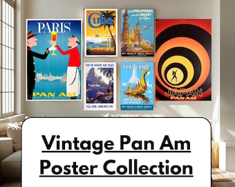 May include: A collection of vintage Pan Am travel posters. The posters feature destinations like Paris, Cuba, Thailand, and Japan. The posters have vibrant colors and retro designs, showcasing classic travel imagery.