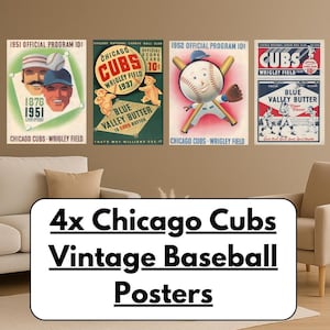 Juego de pósteres de los Chicago Cubs, cuatro láminas de béisbol vintage / Descarga digital
