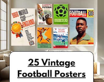 Vintage Fußball Poster, 25 Retro Retro Digital Drucke, Fußball Wand Kunst, WM & Vintage Dekor