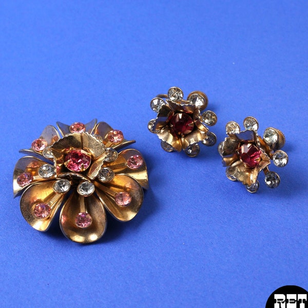 Beautiful Vintage 50s 60s Gold & Pink Rhinestone Flower Brooch and Earrings Set