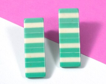 DEADSTOCK Small Sassy Vintage 80s 90s Pastel Green Stripe Rectangle Earrings