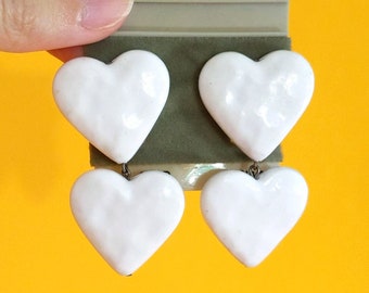 DEADSTOCK Schattige Vintage jaren '80 White Heart Statement Clip-On Oorbellen