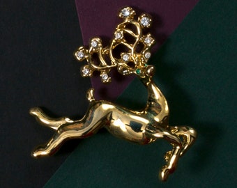 Jumping Gold Deer with Rhinestones Vintage Brooch