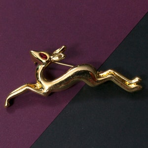 Cute Leaping Gold Deer with Rhinestone Eye Vintage Brooch