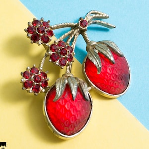 Sweet Vintage 50s 60s Red Strawberries Brooch with Red Rhinestones