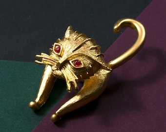 Adorable Moving Bobble Head Gold Cat Brooch with Rhinestone Eyes - Vintage 90s