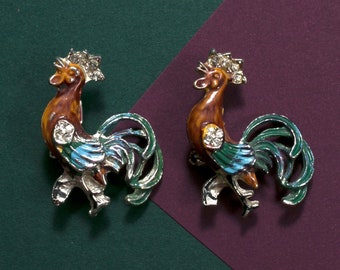 Pair of Vintage 50s 60s Enamel Rooster Bird Brooches
