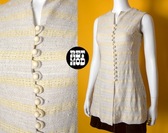 TAILLE JUNIOR - vintage 60s 70s Cream & Yellow Stripe Tweed Long Mod Vest Top