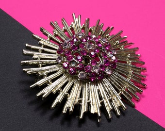 GORGEOUS Vintage 60s 70s Starburst Metal Brooch with Pink Rhinestones