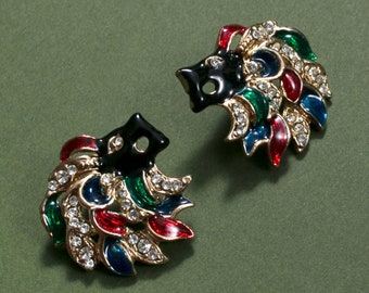 Chic Vintage 80s 90s Black Lion Head Earrings with Rhinestones & Red, Green and Blue