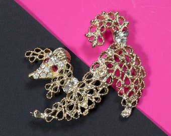 Kitschy Cute Vintage 60s Sassy Gold Poodle Brooch with Rhinestones