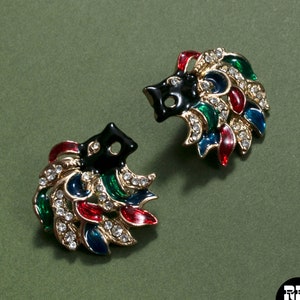 Chic Vintage 80s 90s Black Lion Head Earrings with Rhinestones & Red, Green and Blue image 1