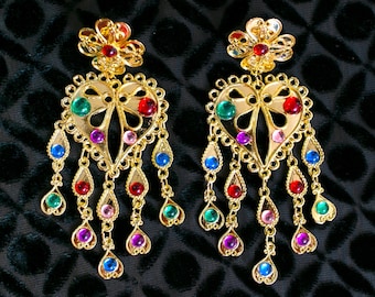 Fabulous Vintage 80s 90s Gold Heart Gripoix Style Chandelier Statement Earrings