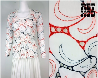 Cute & Flattering Vintage 60s White Two-Piece Skirt and Top Set with Pleated Skirt and Embroidered Red, Blue Scoop Neck Top