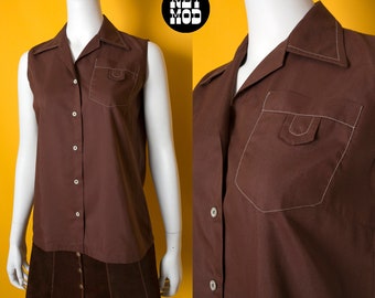 Easy Comfy Vintage 60s 70s Brown Cotton Sleeveless Button Down Blouse Top