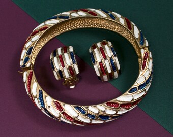 Fab Vintage Red White Blue Enamel Metal Matching Bracelet & Earrings SET