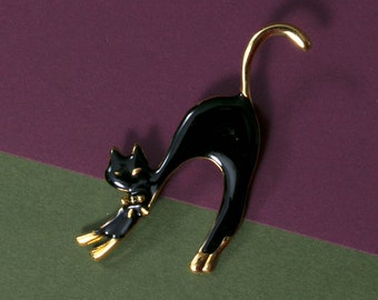 Cute Vintage Black & Gold Arched Cat Vintage Brooch Pin