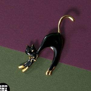 かわいいヴィンテージ ブラック & ゴールド アーチ型猫 ヴィンテージ ブローチ ピン