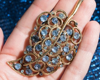 Large Vintage 50s 60s Gold & Light Blue Rhinestone Leaf Statement Brooch