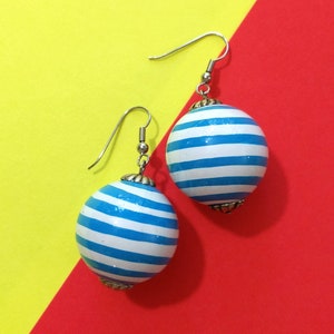 Deadstock Vintage 80s 90s Blue & White Stripe Ball Drop Earrings image 1