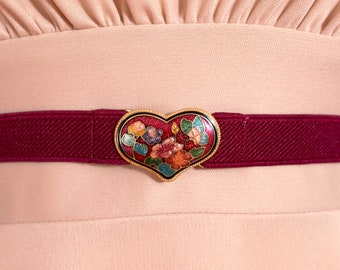 Beautiful Vintage 80s Butterfly & Flowers Little Cloisonné Heart Stretch Belt in Maroon