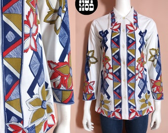 Interesting Vintage 60s 70s White, Cherry Red, Blue & Gold Abstract Border Print Long Sleeve Shirt