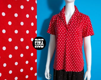 Vintage 70s 80s Red White Polka Dot Short Sleeve Button Down Blouse