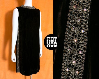 Luxurious Vintage 60s 70s Dark Brown Sleeveless Dress with Rhinestones & Gold Trim