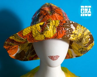 NWOT Beautiful Mod Vintage 60s 70s Orange Yellow Brown Flower Power Rain Wide Brim Hat