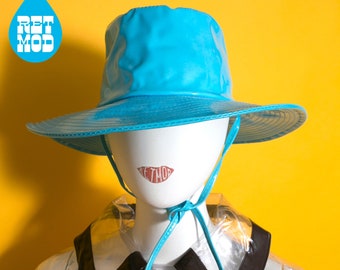 DEADSTOCK Incredible Mod Vintage 60s 70s Light Blue Rain Brim Hat with Chin Strap