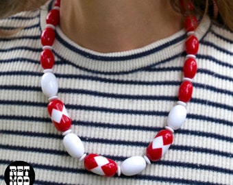 Fun Vintage 80s Red & White Pop Art Beaded Necklace