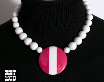 Geometric Vintage 80s 90s Pink White Beaded Statement Necklace